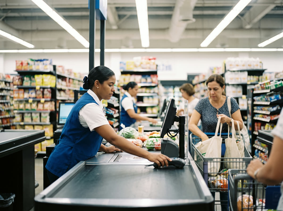 Cajera de supermercado pasando productos por el escáner