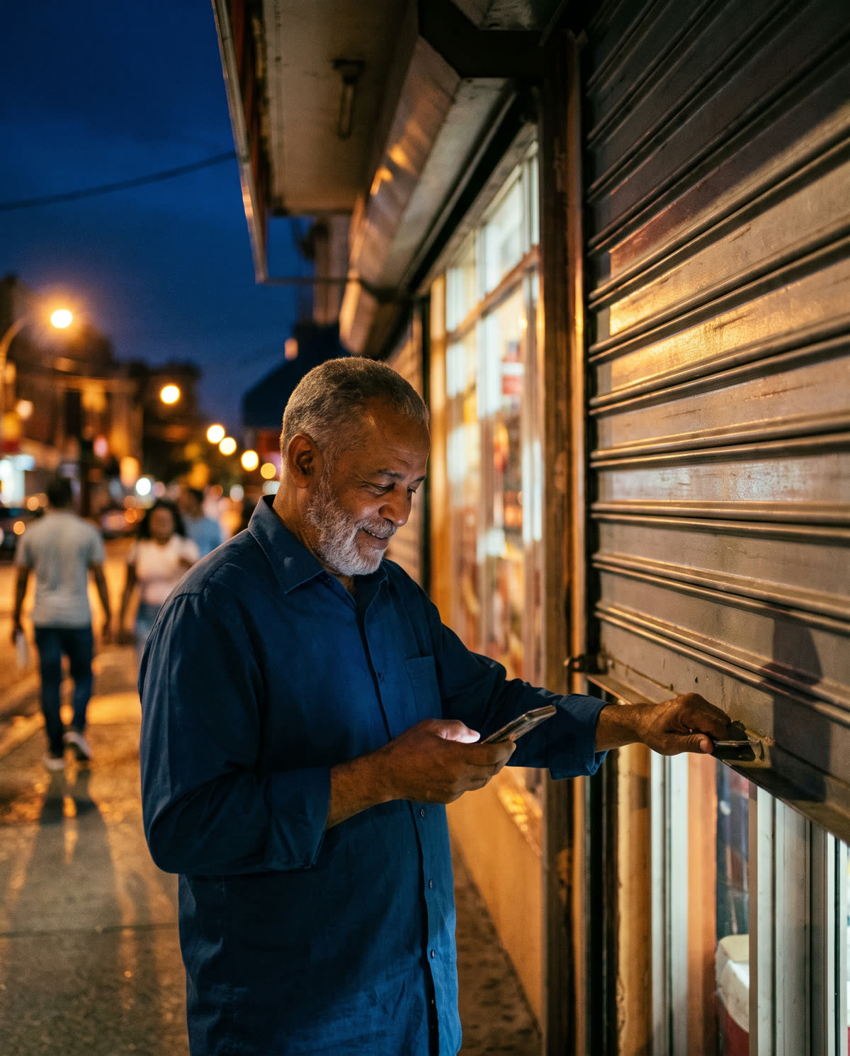 Dueño de un negocio cerrando su tienda de noche mientras mira el día en el teléfono